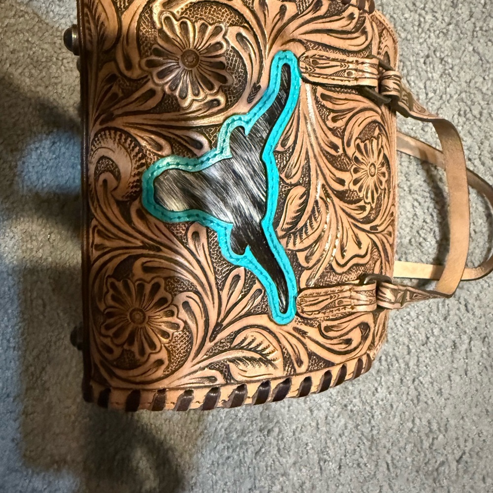 Handcrafted Floral Mini Bag - Tan and Turquoise speedy with longhorn